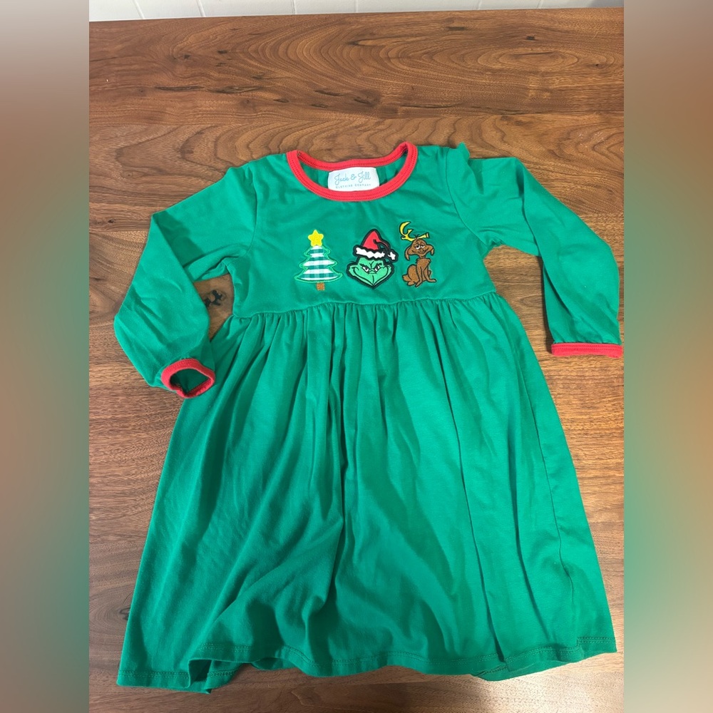 Size 4t grinch jack and Jill Christmas smocked Holiday Dress with Red Trim